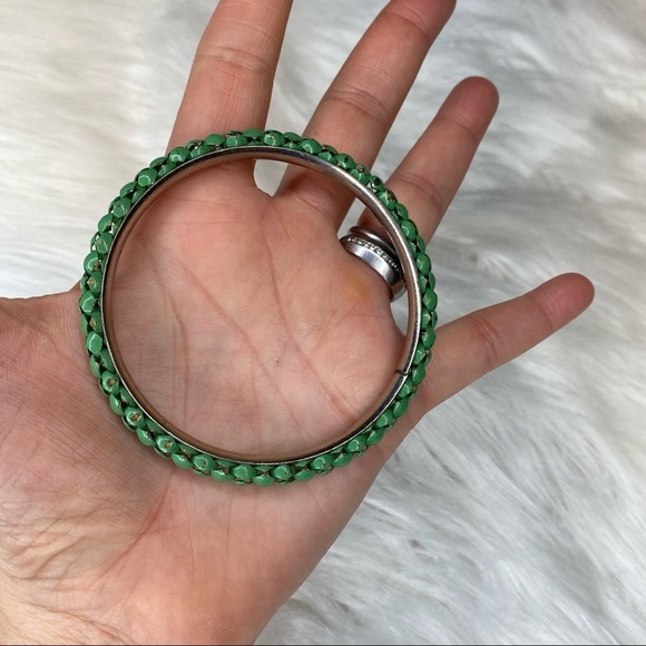 Vintage Green & Silver Metal Woven Design Bangle Bracelet One Size Fits Many - Picture 7 of 8